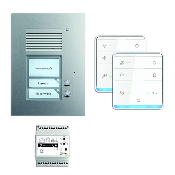 TCS deurbediening audio: pack AP voor 2 wooneenheden, met buitenpost PUK 2 belknoppen, 2x handsfree luidspreker ISW5010, bedieningseenheid BVS20, PSU2320-0000