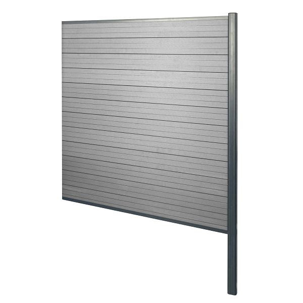 Mendler WPC inkijkscherm Sarthe, windscherm, aluminium paal voor inbetonneren, aanbouwelement, 185cm grijs, 76243+3x76231+76234+76258