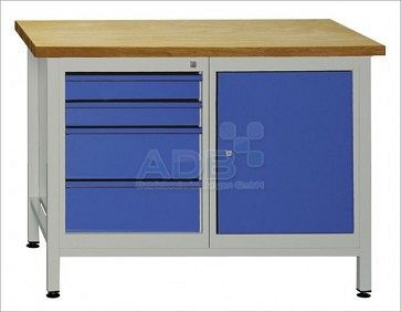 ADB werkbank 1 deur + 4 laden, afmetingen: 1200x600x840mm (BxDxH), kleur werkblad: grijs, RAL 7035, kleur lade/deur: lichtblauw (RAL 5012), 41931