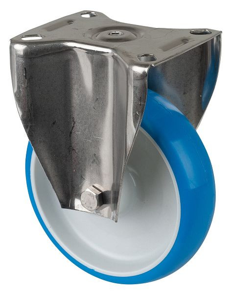 BS rollen RVS transportrol, vaste rol, breedte 39 mm, Ø125 mm, tot 130 kg, polyurethaan blauw, wiellichaam kunststof, glijlager, plaat, H110.B32.125