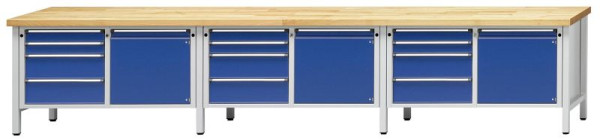 ANKE kastwerkbank; 3 werkplekken; 4050x700 mm; RAL 7035/5010; Links 4 laden 90, 90, 180, 180 mm; Rechts 1 deur