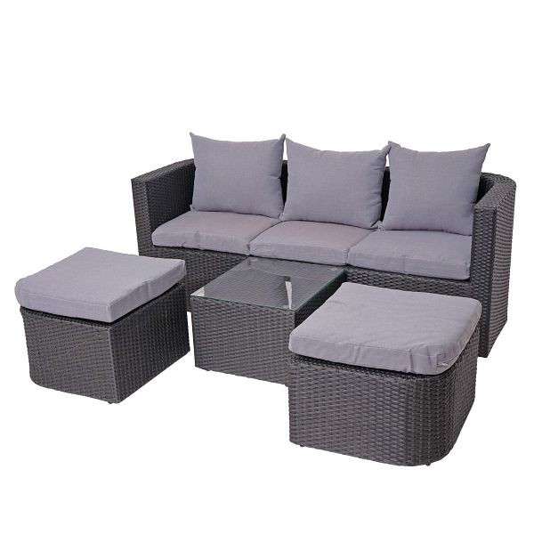 Mendler HWC-J37 3-in-1 set, zonne-eiland tuin/loungeset, Spun Poly halfrond poly rattan, antraciet, lichtgrijze kussens, 77291