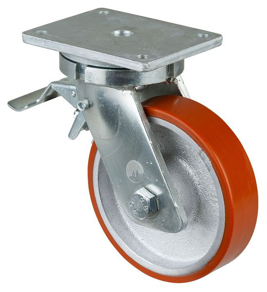 BS-wielen Zwaarlastwiel met wiel/slot, breedte 50 mm, Ø200 mm, tot 1000 kg, polyurethaan gegoten 95 Shore A, gegoten lichaam, kogellagers, RR120.C10.201