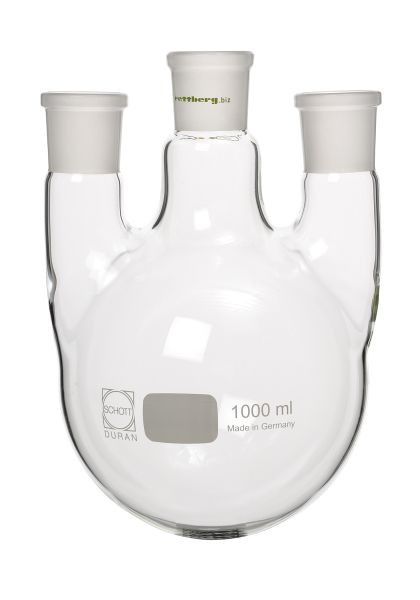 Rettberg 3-halskolf, 100 ml, middenhals NS 29/32, 2x zijhals NS 14.5/23 (recht), borosilicaatglas 3.3, 134026224