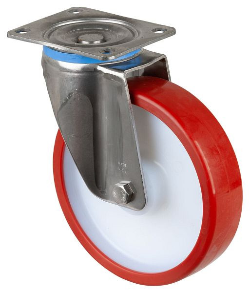 BS rollen RVS zwaarlastrol, breedte 50 mm, Ø200 mm, tot 450 kg, rood polyurethaan loopvlak, kunststof behuizing, RVS rollager, HS100.B28.201