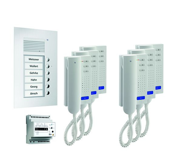 TCS deurbedieningssysteem audio: pack UP voor 6 wooneenheden, met buitenpost PUK 6 belknoppen, 6x deurtelefoon ISH3030, bedieningseenheid BVS20, PPU06-EN / 02