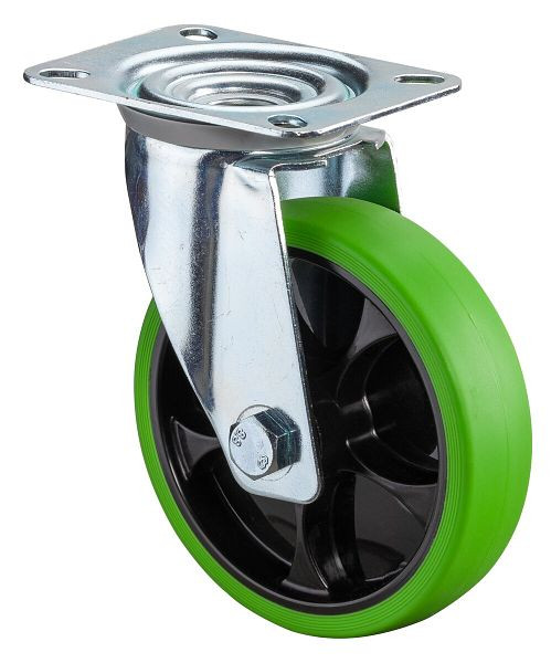 BS rollen transportwiel zwenkwiel, thermoplastisch rubberen wiel, groene band, rollager, plaat, diameter: 125 mm, verpakking: 2 stuks, L400.B44.126.04