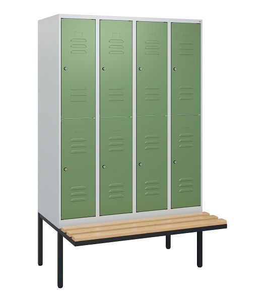 C+P dubbeldekskast Classic PLUS, 4 vakken, 1950x1200x815mm, 7035/6011, cilindersloten, beukenhouten zitlatten, zitting, 0803405-40 S10036