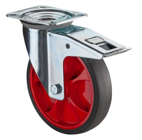 BS rollen transportwiel zwenkwiel met rem, thermoplastisch rubberen wiel, grijze band, rode velg, rollager, plaat: 200 mm, L420.B44.201.03