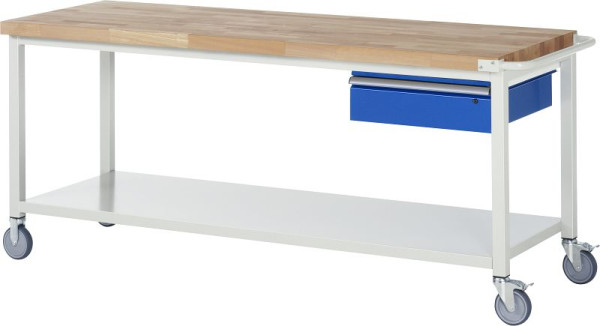 RAU verrijdbare werkbank serie 8000, 1 x lade, plaatstalen legbord, 2000x880x700 mm, 05-8001A6-207B4S.11