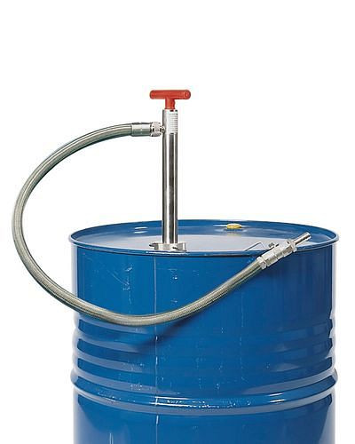 DENIOS Fasspumpe, Edelstahl, elektrisch leitfähiger PTFE-Schlauch, 910 mm Tauchtiefe, 117664