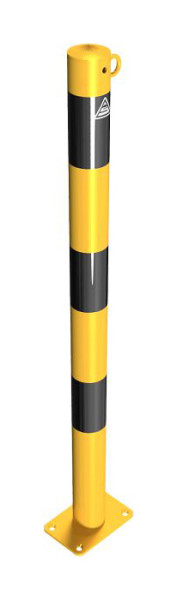Schake afzetpaal stalen buis Ø 60 x 2,5 mm geel/zwart, stationair, voor plugbevestiging met voetplaat 100 x 150 mm, met 1 oog, 460PBG/1