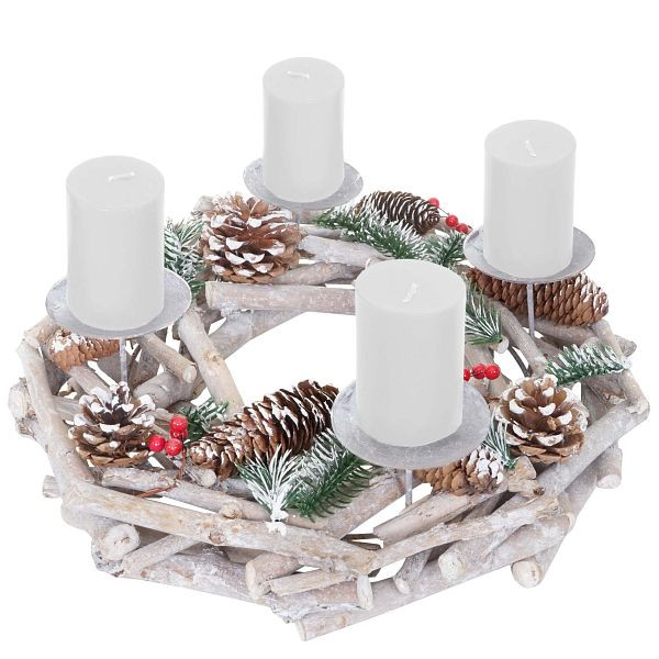 Mendler Adventskrans rond, kerstversiering tafelkrans, hout Ø 35cm witgrijs, met kaarsen, wit, 56664