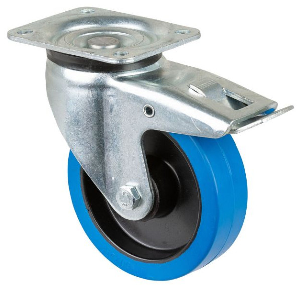 BS Rolls Zwaarlastwiel met rem, breedte 42 mm, Ø160 mm, tot 300 kg, blauwe elastische banden, kunststof wiellichaam, rollager, L620.B61.160