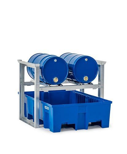 DENIOS vatenrek voor 2 vaten van elk 60 liter, met kunststof kuip, 1049 x 1245 x 837 mm, 291-779