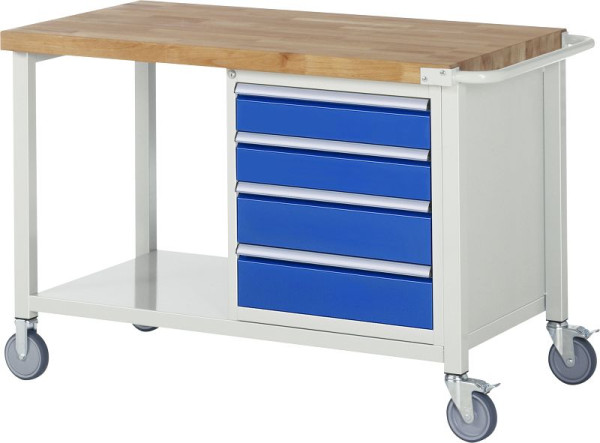 RAU verrijdbare werkbank serie 8000, 4 x laden, opbergplank, 1250x880x700 mm, 05-8162A6-127B4S.11