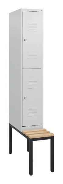 C+P dubbeldekkerkast Classic PLUS, 1950x300x815mm, 7035/7035, cilindersloten, zitlat van beukenhout, met zitbank eronder, 0803505-10 S10039