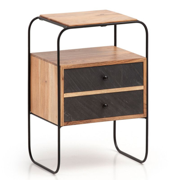 Wohnling nachtkastje massief acaciahout / steenlook 40x60x30 cm boxspringbed, industriële nachtconsole bruin met 2 lades & plank, WL6.779