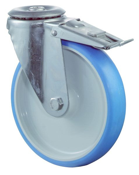 BS rollen RVS transportrol met rem, B50 mm, Ø200 mm, tot 200 kg, blauw polyurethaan oppervlak, kunststof behuizing, glijlager, H121.B32.200