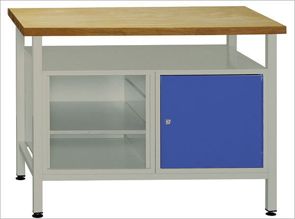 ADB werkbankdeur + plankdeel en plank, afmetingen: 1200x600x840mm (BxDxH), kleur werktafel: grijs, RAL 7035, kleur deur: lichtblauw, RAL 5012, 41939