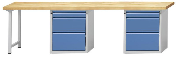 ANKE combinatie werkbank 2 werkstations; 2800x700mm; RAL7035 / 5012; In het midden en rechts 1 plintkast, 2 laden, model 910 E