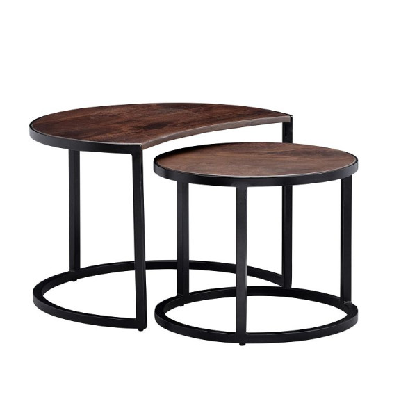 Wohnling salontafel set van 2 mango massief hout / metaal rond, donkerbruin, met zwarte metalen poten, WL6.339