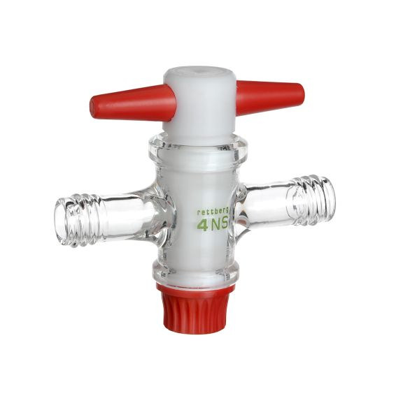 Rettberg doorloopkraan PTFE, NS 18,8/4 mm, aansluitingen schroefdraad GL 14, borosilicaatglas 3.3, 107000334