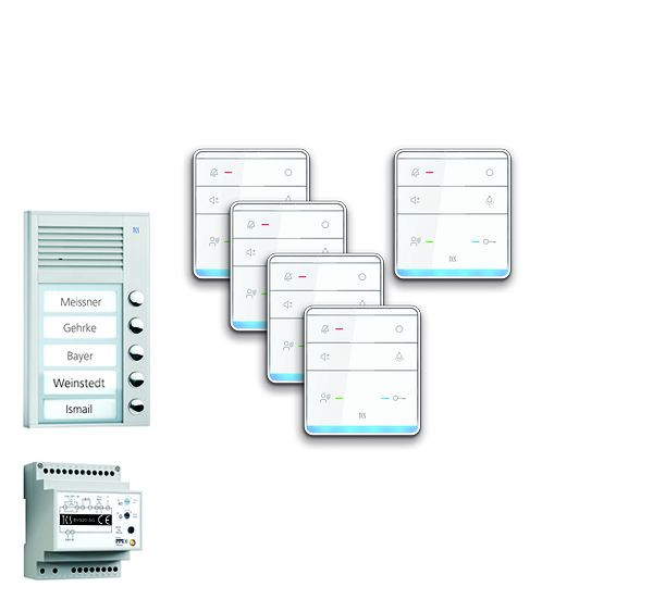 TCS deurbediening audio: pack AP voor 5 woonunits, met buitenstation PAK 5 belknoppen, 5x handsfree luidspreker ISW5010, bedieningsunit BVS20, PPAF05-EN / 01