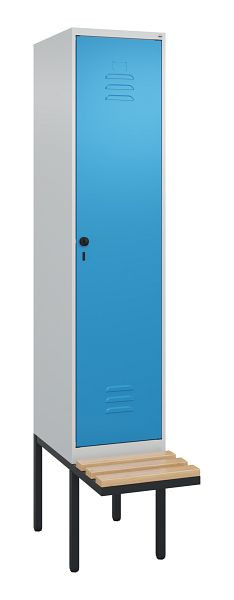 C+P Umkleidespind Classic PLUS, 2120x400x815mm, 7035/5012, Drehriegel, Buche-Sitzleisten, je 2 Doppel-Haken, 0800407-12F S10004