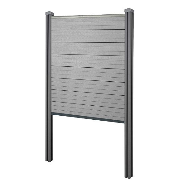 Mendler WPC inkijkbescherming Sarthe, schutting windbescherming, WPC paal voor inbetonneren, basiselement smal, 105cm grijs, 2x64890+76237+76240+76261