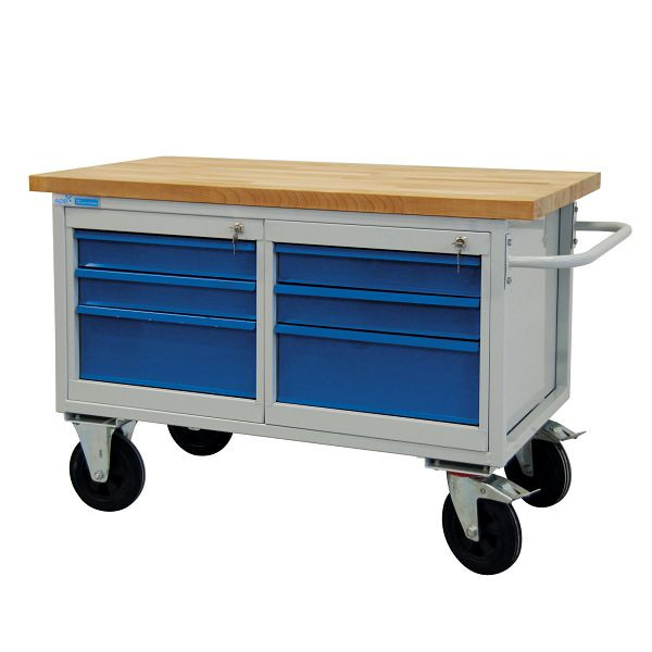 ADB werkbank/tafelwagen 6 laden, afmetingen HxBxD: 840x1300x600 mm, kleur tafelwagen: lichtgrijs, RAL 7035, kleur laden: lichtblauw (RAL 5012), 42746