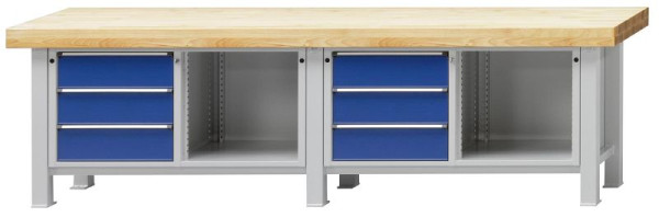 ANKE zware werkbank; 3000 x 800 mm; RAL 7035/5010; Beuk massieve plaat; Links 3 laden 180 mm; Rechts open onderwerp