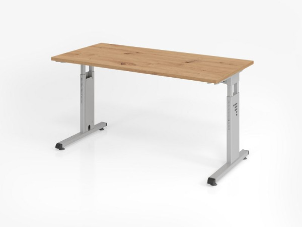 Hammerbacher bureau OS614, 140 x 67 cm, blad: knoestig eiken, 25 mm dik, 2 mm ABS rand, rechthoekige vorm, zilver, VOS614/R/S