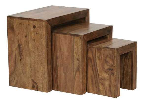 Wohnling set van 3 bijzettafels MUMBAI massief hout sheesham landhuisstijl, donkerbruin natuurlijk hout, WL1.205