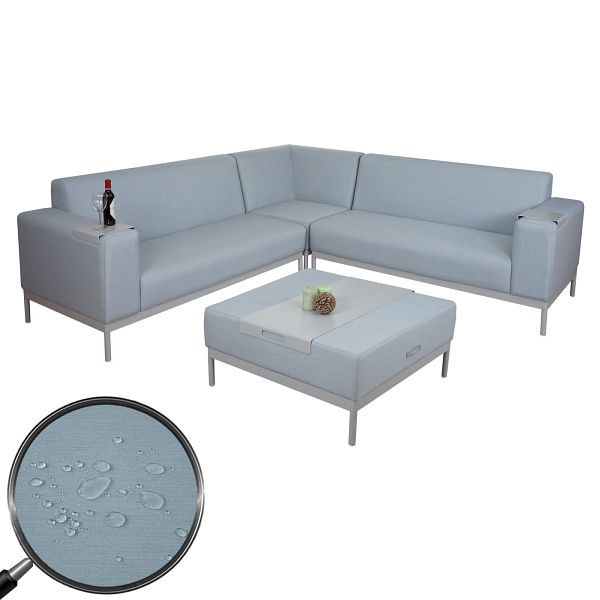 Mendler hoekbank HWC-C47, bank lounge bank bank, stof/textiel binnen waterafstotend, blauw met plank, 58493+58494+58495+58500