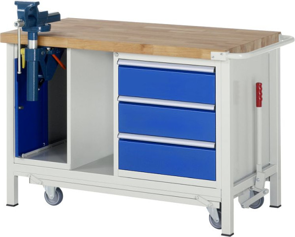 RAU neerlaatbare werkbank 8000 - model 8183, B1250 x D700 x H880 mm, 3 x lade afmeting L 3xH180 mm, plank onder, 05-8183A6-127B4F.11