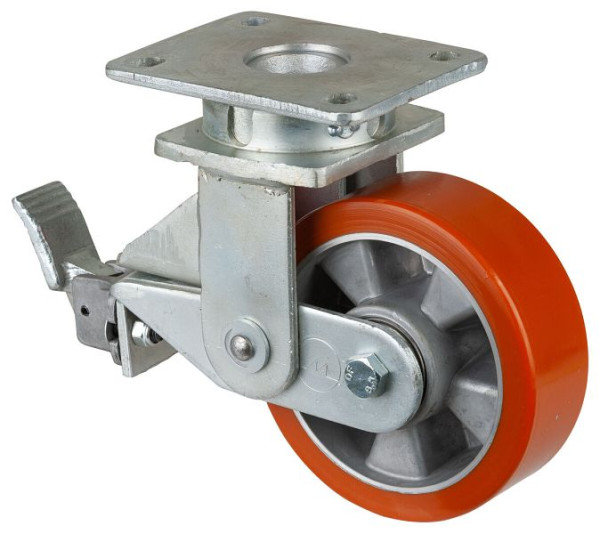 BS-wielen Veerbelaste zwaarlastwielen met rem, breedte 50 mm, Ø150 mm, tot 550 kg, polyurethaan gegoten 95 Shore A, aluminium, kogellagers, T120.B90.150