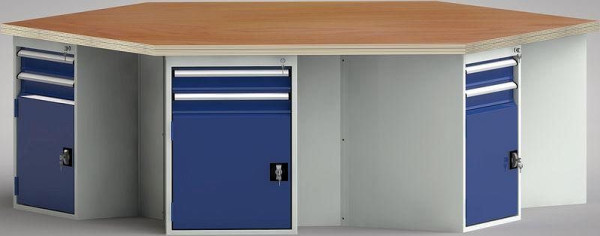 KLW standaard werkbank in zeshoekige vorm met beuken multiplex blad in zeshoekige vorm 2338 x 2700 x 40 mm L x B x S, WS620N-1350M40-E8013