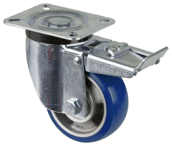 BS Rollen transportwiel zwenkwiel met rem, polyurethaan wiel 83 Shore aluminium velg, kogellager, plaat, diameter: 100 mm, L420.B92.100