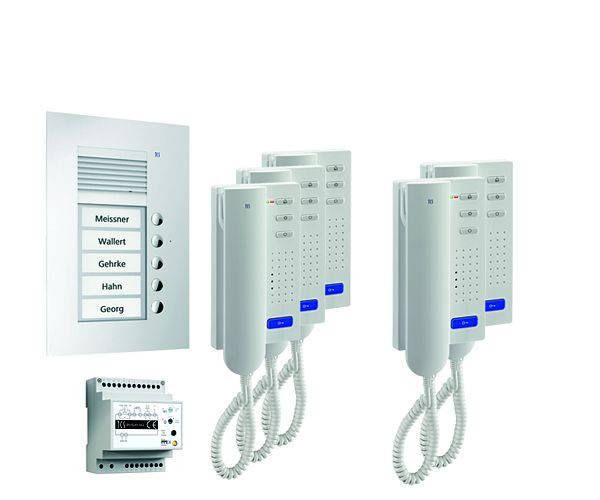 TCS deurbedieningssysteem audio: pack UP voor 5 wooneenheden, met buitenpost PUK 5 belknoppen, 5x deurtelefoon ISH3030, bedieningseenheid BVS20, PPU05-EN / 02
