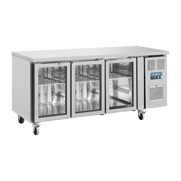 Polar U-serie 3-deurs aanrechtkoelkast met glazen deuren, UA024