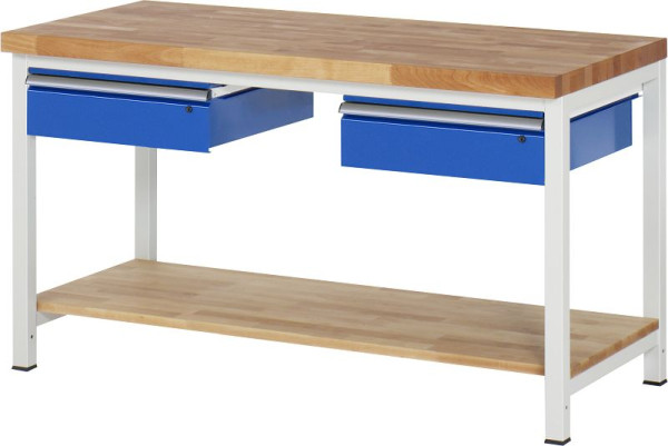 RAU werkbank serie 8000 - frameconstructie (gelast frame), 2x laden, massief beukenhouten plank, 1500x840x700 mm, 03-8002A7-157B4S.11