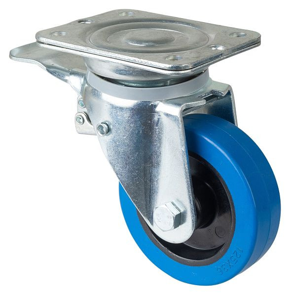 BS Rolls Zwaarlastwiel met rem, breedte 45 mm, Ø125 mm, tot 140 kg, blauwe elastische banden, kunststof wiellichaam, rollager, N120.B61.125