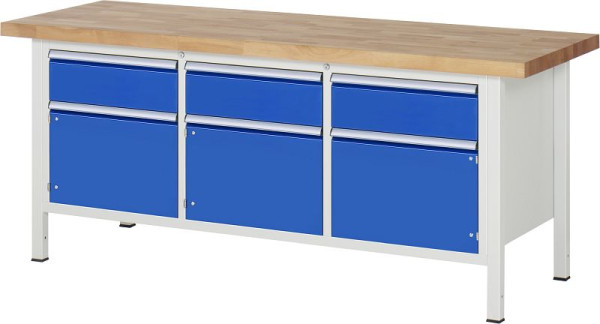 RAU werkbank serie 8000 - frameconstructie (gelast frame), drievoudige onderbak (3x lade, 3x draaideur), 2000x840x700 mm, 03-8567A2-207B4S.11
