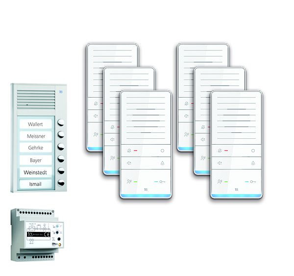 TCS deurbediening audio: pack AP voor 6 woonunits, met buitenstation PAK 6 belknoppen, 6x handsfree luidspreker ISW5031, bedieningsunit BVS20, PAAF061 / 001