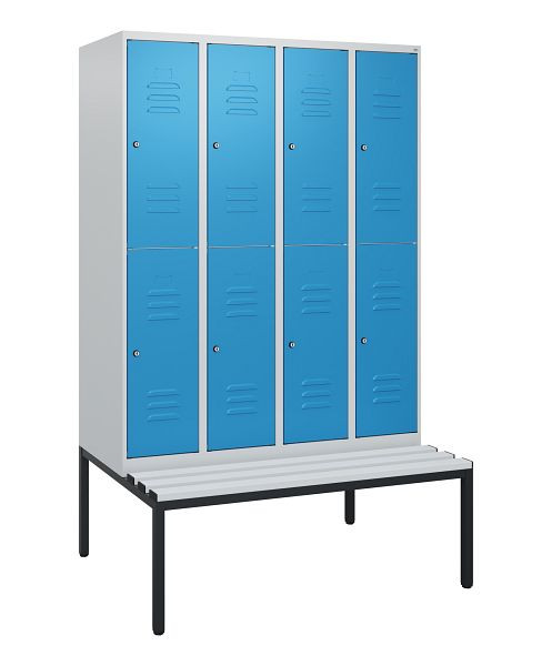 C+P dubbeldekskast Classic PLUS, 4 vakken, 1950x1200x815mm, 7035/5012, cilindersloten, met bank eronder, 0803505-40 S10079
