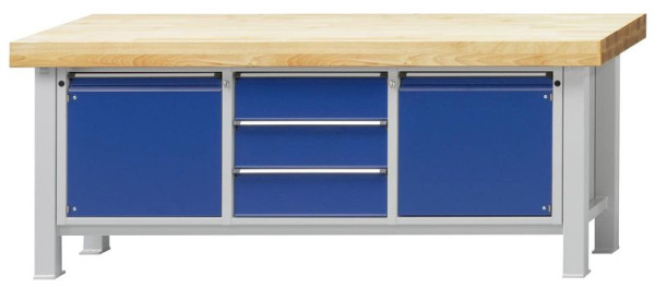 ANKE zware werkbank; 2250x800 mm; RAL 7035/5010; Beuk massieve plaat; Links 1 deur 540 mm; Midden 3 laden; Rechts 1 deur 540 mm