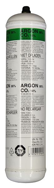 ELMAG wegwerpfles gemengd gas Ar 86% / Co2 14%, 1 L / 110 bar, hoogte: 310 x Ø 73mm, 54100