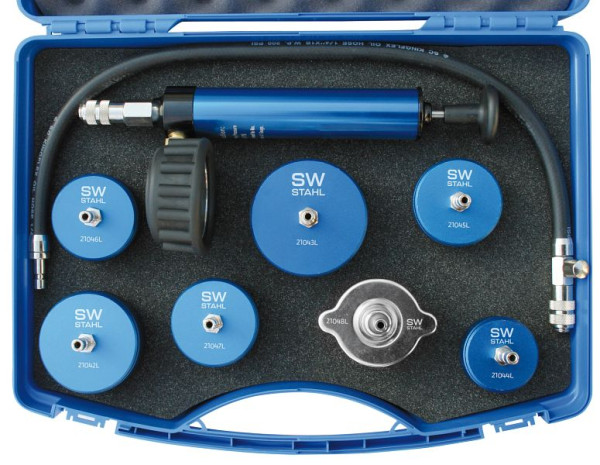 SW-Stahl radiateurdruk gereedschapskoffer, 0-2,5 bar, vrachtwagen, 9-delig, 21040L