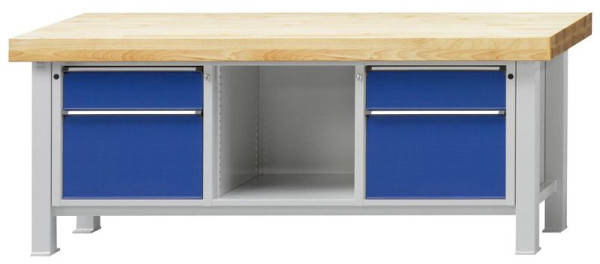ANKE zware werkbank; 2250x800mm; Beuk massieve plaat; Links 2 laden 180, 360 mm; Middenvak open; Rechts 2 laden 180, 360 mm